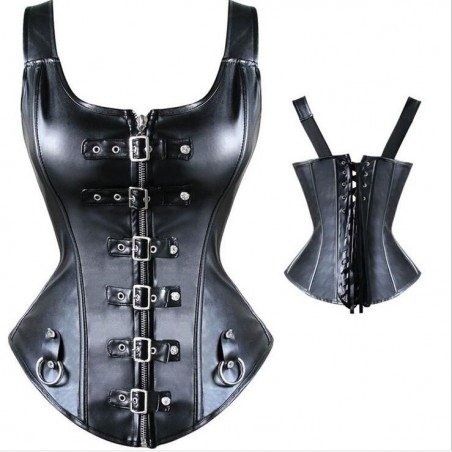 Faux Leather Corselet Gothic Shoulder Strap Corset Steampunk Plus Size Bustier Black ZipperBuckle B