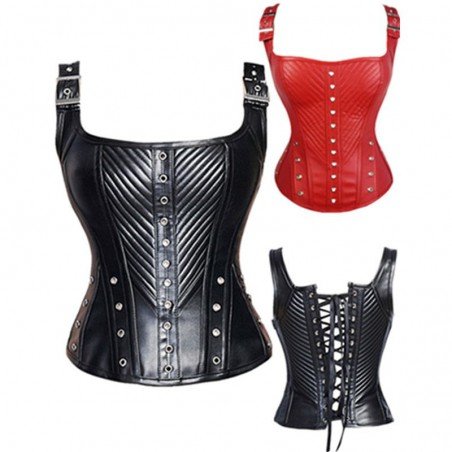 2016 Black halter faux leather steampunk corset tight lacing overbust adjustable shoulder straps corset with side zipper