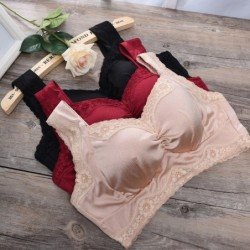 Full Cup Big Breast Satin Bra Women Wireless Wide Strap Plus Size 3XL 2XL L Lace Bralette Minimizer Padded Breathable Underw