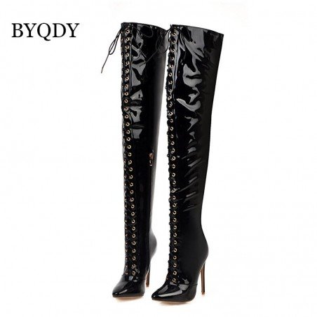 Luxury Brand Sexy PU Leather Cross Strap Over the Knee Boots Woman Pointed Toe Bandage Stiletto