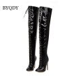 Luxury Brand Sexy PU Leather Cross Strap Over the Knee Boots Woman Pointed Toe Bandage Stiletto