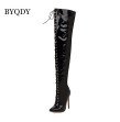 Luxury Brand Sexy PU Leather Cross Strap Over the Knee Boots Woman Pointed Toe Bandage Stiletto