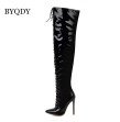 Luxury Brand Sexy PU Leather Cross Strap Over the Knee Boots Woman Pointed Toe Bandage Stiletto