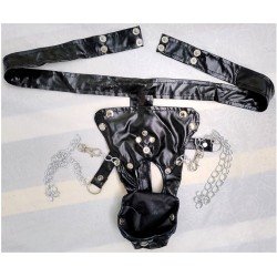 Sexy Studded Leather Mens Thong with Cock Open Penis Pouch Chains T-Back Gay Underwear Erotic Fetish Lingerie Adjust