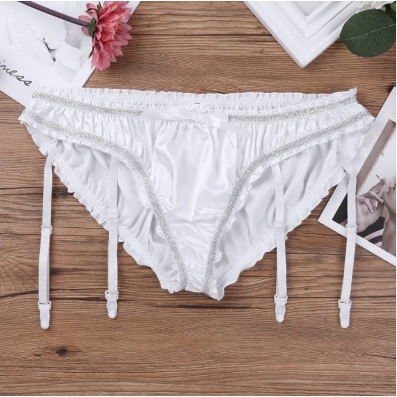 Mens Sexy Lingerie Sissy Shiny Satin  Frilly Panties  Suspender panties