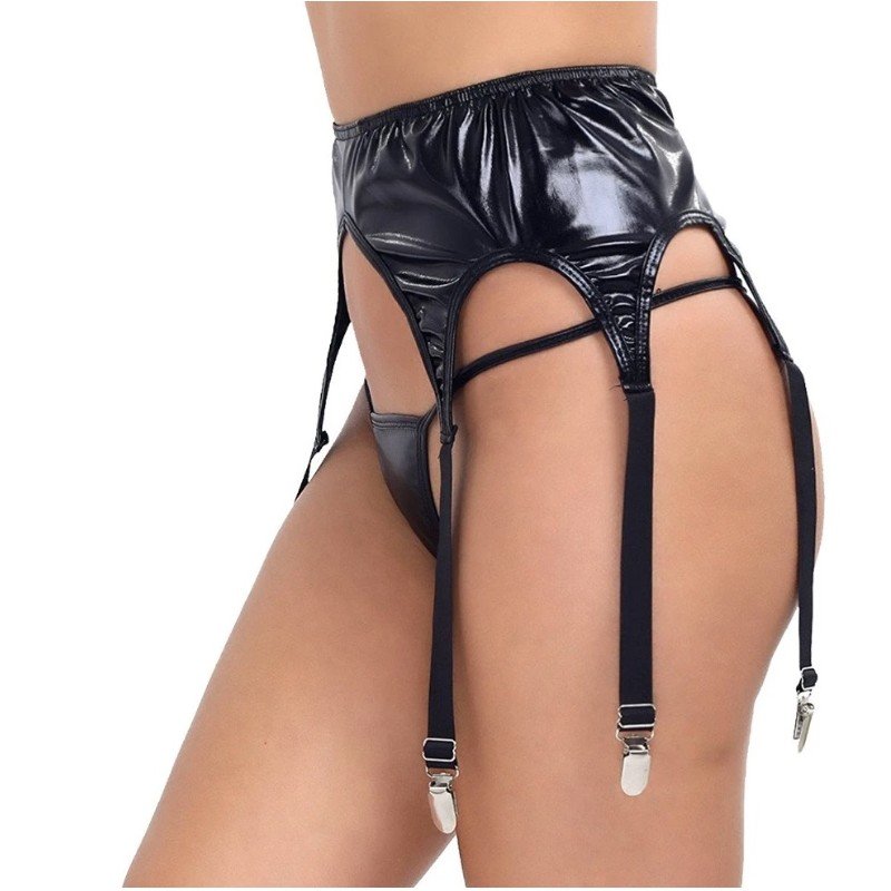 Women Black Wet Look Gothic Fetish 6 Wide Straps Metal Buckles Sexy Garter Belt For Stockings Suspenders