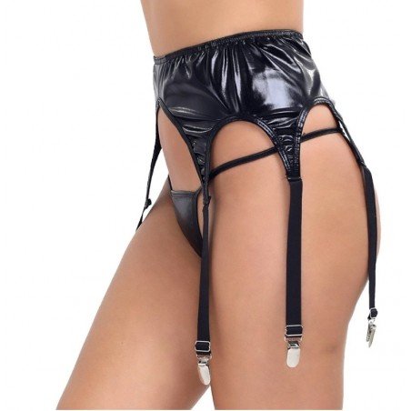 Women Black Wet Look Gothic Fetish 6 Wide Straps Metal Buckles Sexy Garter Belt For Stockings Suspenders