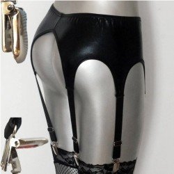 Women Black Wet Look Gothic Fetish 6 Wide Straps Metal Buckles Sexy Garter Belt For Stockings Suspenders