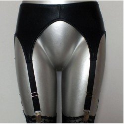 Women Black Wet Look Gothic Fetish 6 Wide Straps Metal Buckles Sexy Garter Belt For Stockings Suspenders