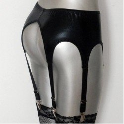 Women Black Wet Look Gothic Fetish 6 Wide Straps Metal Buckles Sexy Garter Belt For Stockings Suspenders