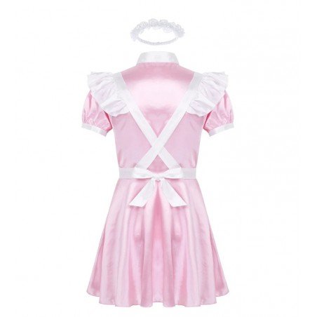 Mens Sissy Maid Uniform Fancy Dress maid Costume Outfit Short Sleeve Satin Dress with Choker and Headband