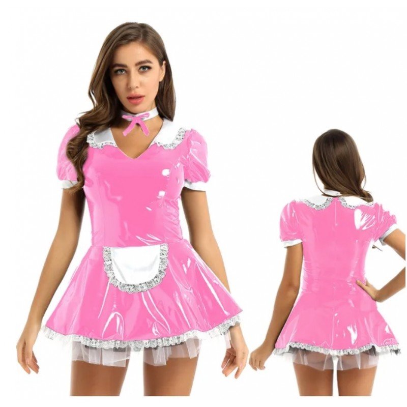 Mens PVC Sissy Maid Uniform Fancy Dress maid Costume Outfit Short Sleeve Dress with Choker and Headband Mens PVC Sissy Maid Uniform Fancy Dress maid Costume Outfit Short Sleeve Dress with Choker and Headband