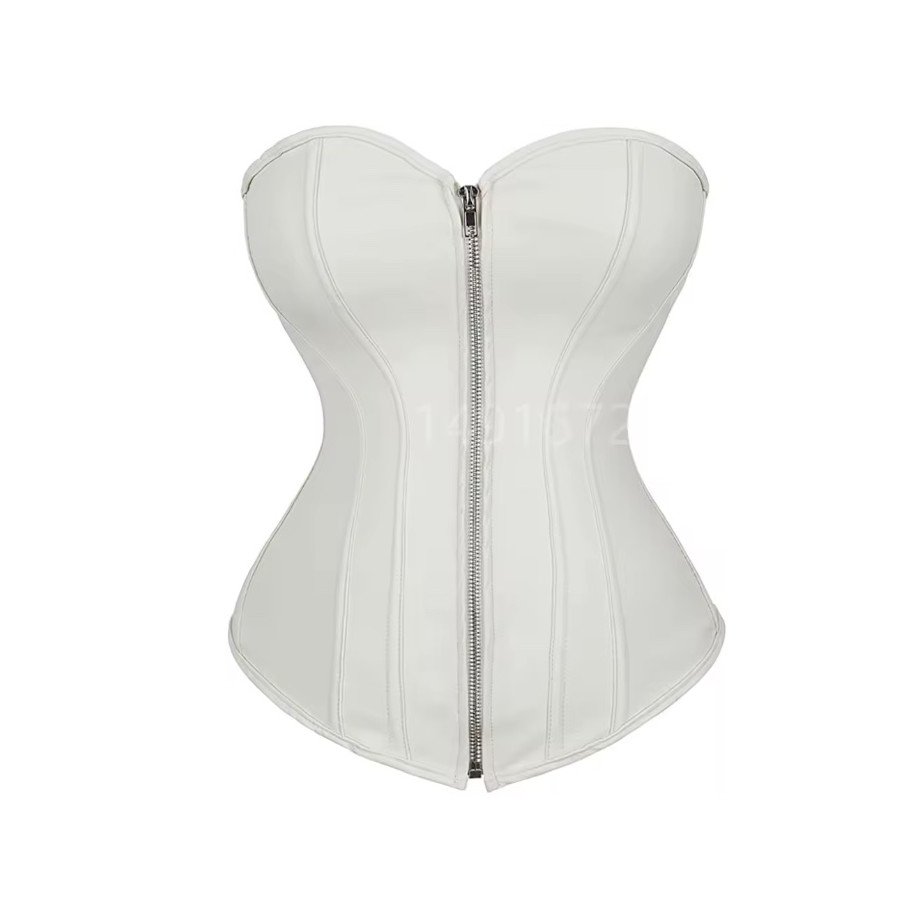 Beautiful Black Streamline Leather Corset With Front Zipper and Over The Bust Design