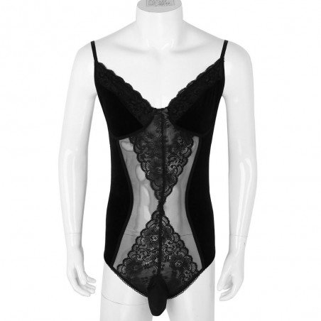 Gay Mens One-Piece Crossdress Lingerie See-through Adjustable Spaghetti Straps Floral Lace Velvet Si