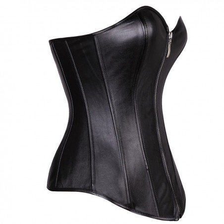 Beautiful Black Streamline Leather Corset With Front Zipper and Over The Bust Design
