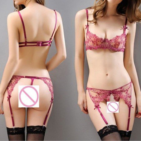 KLV Women sexy Half Cup Bra See-through Open Crotch Briefs Panty Underwear Suit Lingerie bralette la