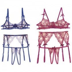 KLV Women sexy Half Cup Bra See-through Open Crotch Briefs Panty Underwear Suit Lingerie bralette lace bra Garters set strin