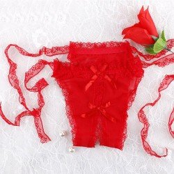 2017 New Women Sexy Lace Hollow G-String Open Crotch Thongs Sexy Costume Women Erotic Lingerie Lace Crotchless Underwear Red