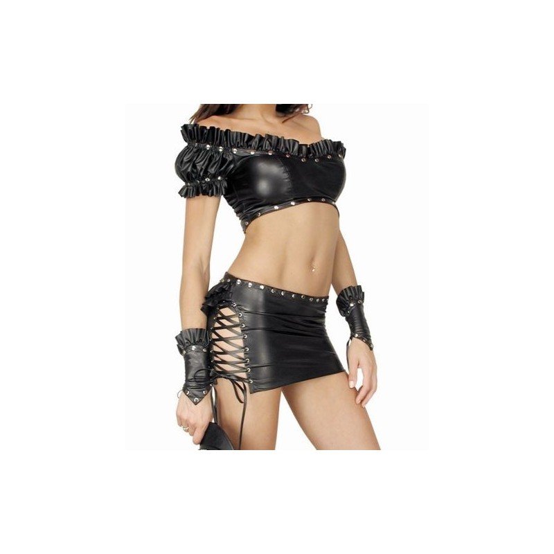 Ladies 3PC Sexy Black Fetish Bondage Leather Look Clubwear Dress S&M