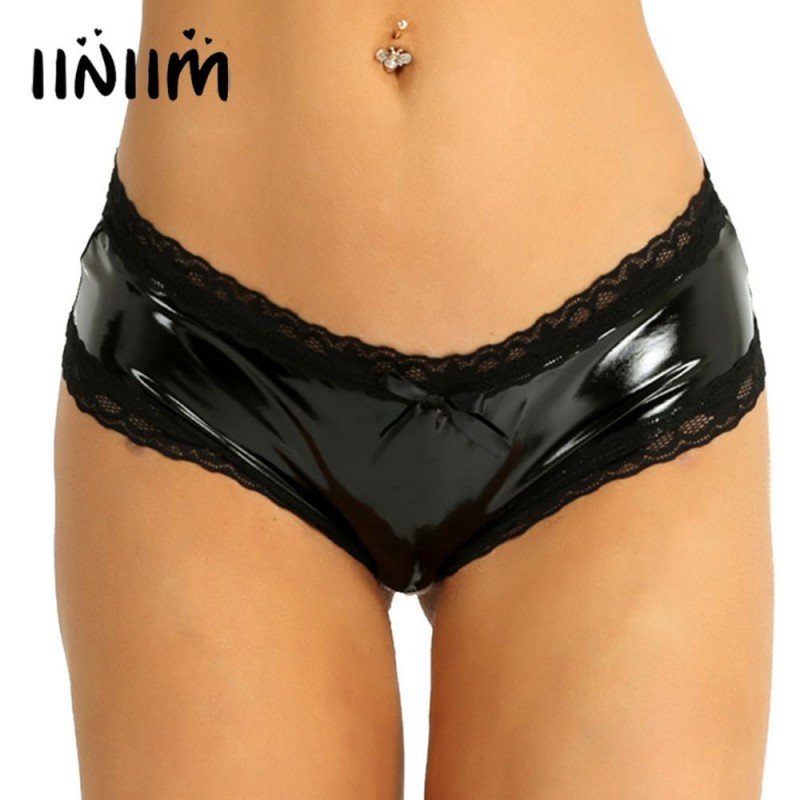 iiniim Women Lingerie Wet Look Patent Leather Lace Trim Edge Open Crotch V-Back Hollow Out Mini Brie