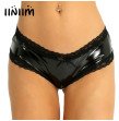 iiniim Women Lingerie Wet Look Patent Leather Lace Trim Edge Open Crotch V-Back Hollow Out Mini Brie