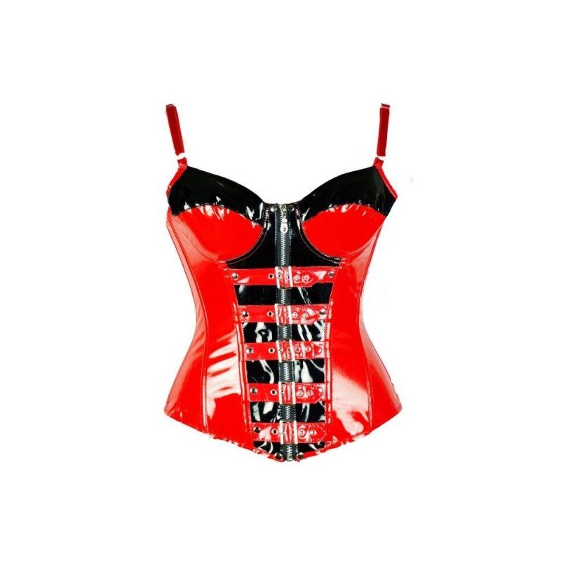 Hot Red And Black Vinyl Corset with Straps, Buckles and Lace-Up Back