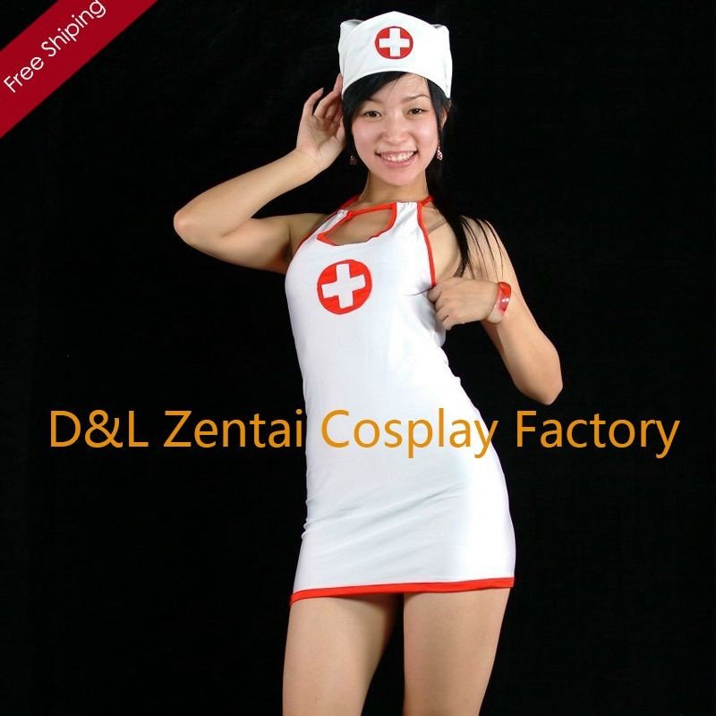 Free Shipping DHL Sexy Zentai White PVC Nurse Cosplay Costume Mini Dress For Women M145