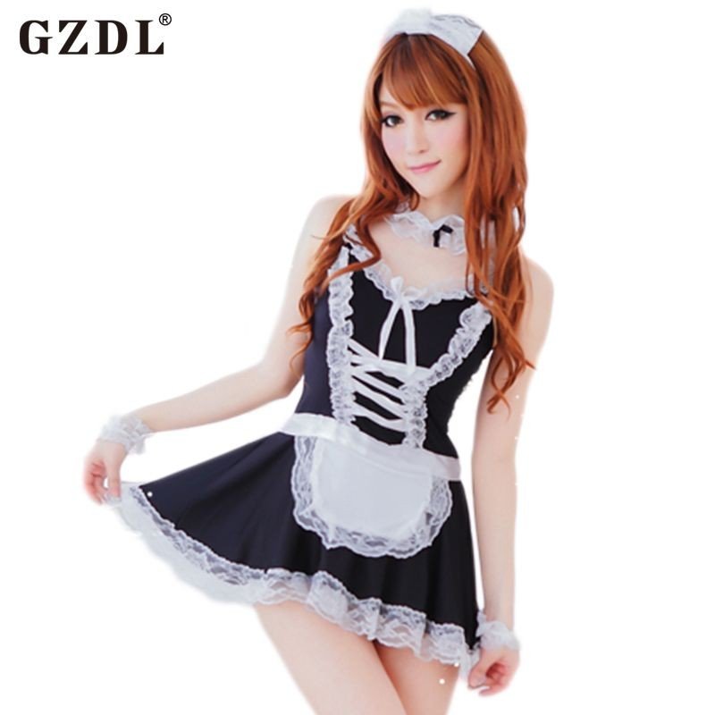 GZDL Women Maid Outfit Uniform Cosplay Costume Lace Babydoll Chemise Dress Sleepwear Sexy Thong Plea