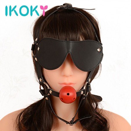 IKOKY Eye Mask Open Mouth Gag Ball Oral Fixation Stuffed Head Harness Bondage Adults games Leather Sex Erotic Toys for Coupl