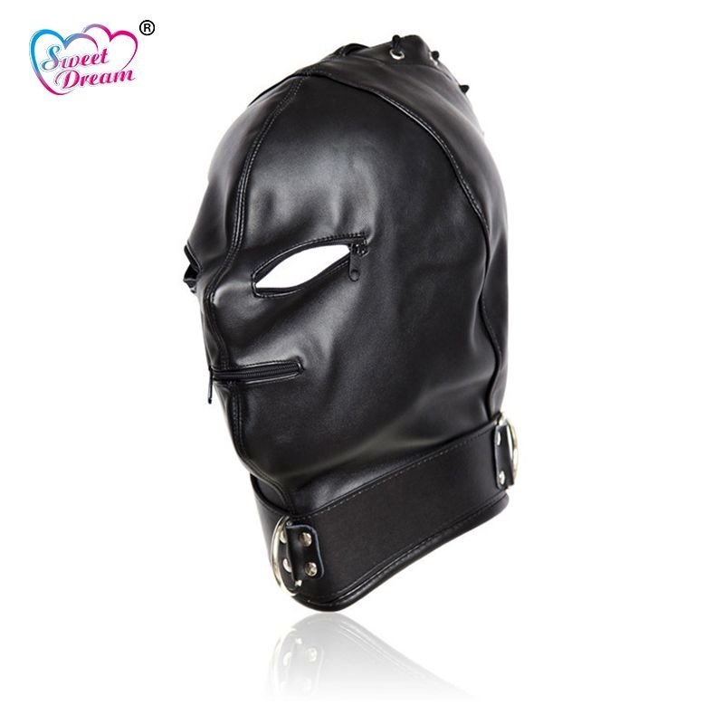 Sweet Dream Black PU Leather Masks Hoods Open Mouth Eyes Fetish Erotic Toys Role Play Adult Game Sex
