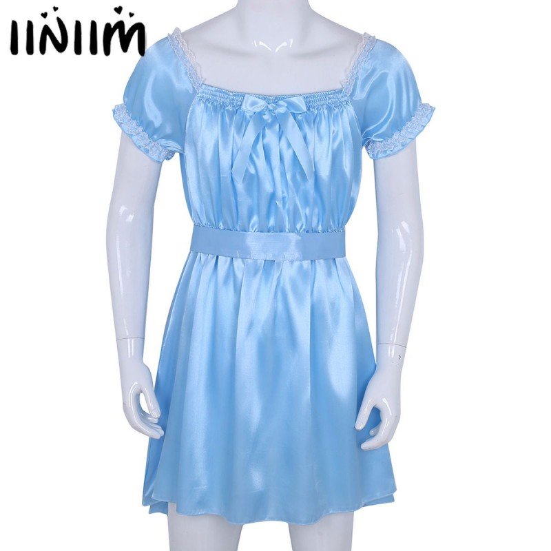 Mens Sexy Costumes Lingerie Babydoll Shiny Soft Satin Crossdress Male with Sash Sissy Underwe