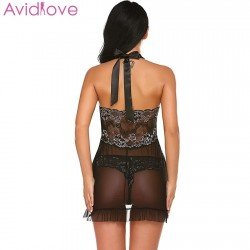 Ladies Sexy Lingerie Babydoll Chemises With G-string Halter Lace Patchwork Mesh See-Through Bowknot Erotic Nightdress Female