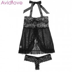 Ladies Sexy Lingerie Babydoll Chemises With G-string Halter Lace Patchwork Mesh See-Through Bowknot Erotic Nightdress Female