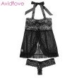 Women Sexy Lingerie Babydoll Chemises With G-string Halter Lace Patchwork Mesh See-Through Bowknot E