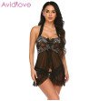 Women Sexy Lingerie Babydoll Chemises With G-string Halter Lace Patchwork Mesh See-Through Bowknot E