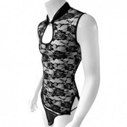 Sexy Mens Sheer  Crossdress Lingerie  Floral Lace See through Sissy Pouch set Bodysuit Slim fit N