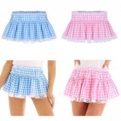 Unisex Adult Elastic Waistband Women Short Skirt with Lace Hem Pleated Gingham A-line Mini S