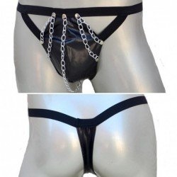 Men G-Strings Fashion Sexy Briefs Faux Leather Bandage Chain Thong Underwear Black underpants male Intimates