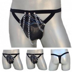 Men G-Strings Fashion Sexy Briefs Faux Leather Bandage Chain Thong Underwear Black underpants male Intimates