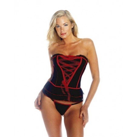 STRETCH MESH BASQUE & BRIEF SET CHIFFON RIBBON CRISS CROSS TRIM