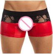 Stylish Black Red Vinyl And Lace Boxer Men Underwear Sexy Costumes Patchwork Faux Leather Panties Un