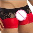 Stylish Black Red Vinyl And Lace Boxer Men Underwear Sexy Costumes Patchwork Faux Leather Panties Un