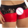 Stylish Black Red Vinyl And Lace Boxer Men Underwear Sexy Costumes Patchwork Faux Leather Panties Un