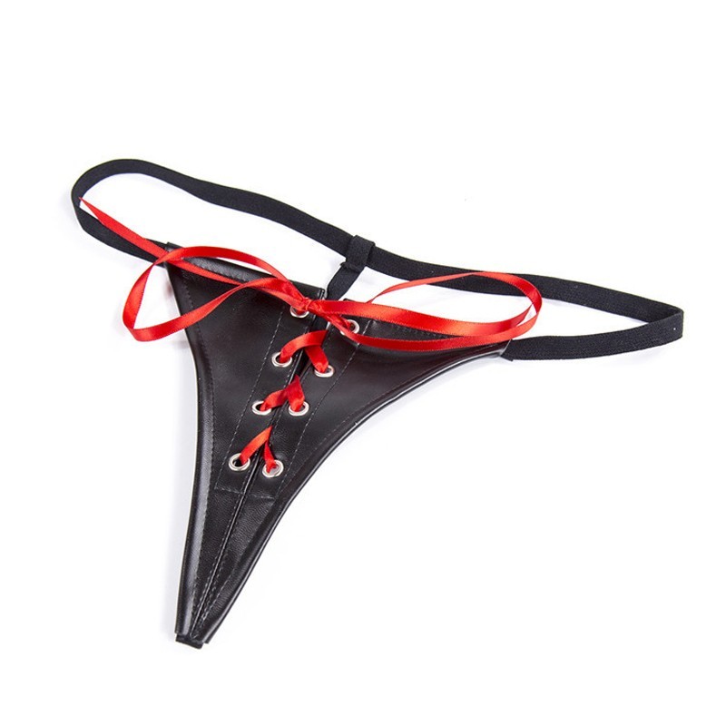 Women Sexy Lingerie Bondage Harness Thong Female Red Bow PU Leather Erotic  G-string Lace up Panties Fetish Under Colour Black Lingerie size Onesize
