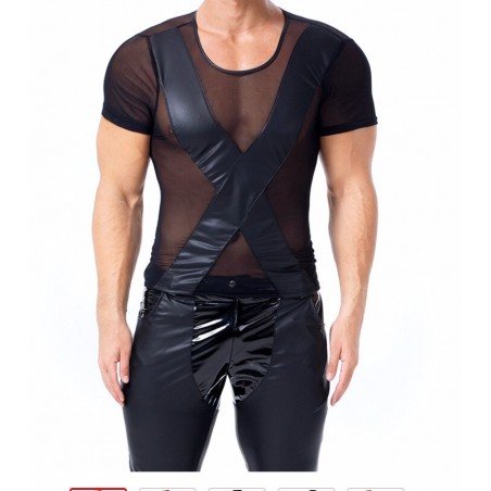 Mens Wetlook Tops Punk Fashion Clothing Faux Leather Mesh Male T-Shirt Night Parties Clubwear Costum