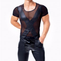 Mens Wetlook Tops Punk Fashion Clothing Faux Leather Mesh Male T-Shirt Night Parties Clubwear Costume Muscle Tight T-shirt