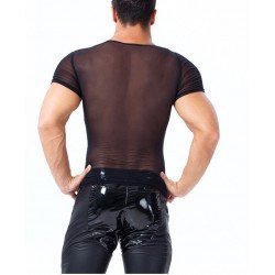 Mens Wetlook Tops Punk Fashion Clothing Faux Leather Mesh Male T-Shirt Night Parties Clubwear Costume Muscle Tight T-shirt