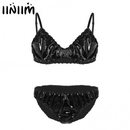 Sissy Panties Gay Mens Lingerie Set Wetlook Jockstraps Ruffled Spaghetti Strap Bra Top with Briefs B