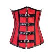 Red zip-up underbust corset with black vinyl trim, black buckle accents, and lace-up back 