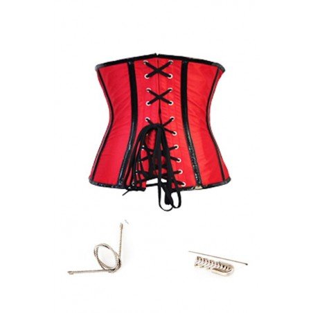 Red zip-up underbust corset with black vinyl trim, black buckle accents, and lace-up back 